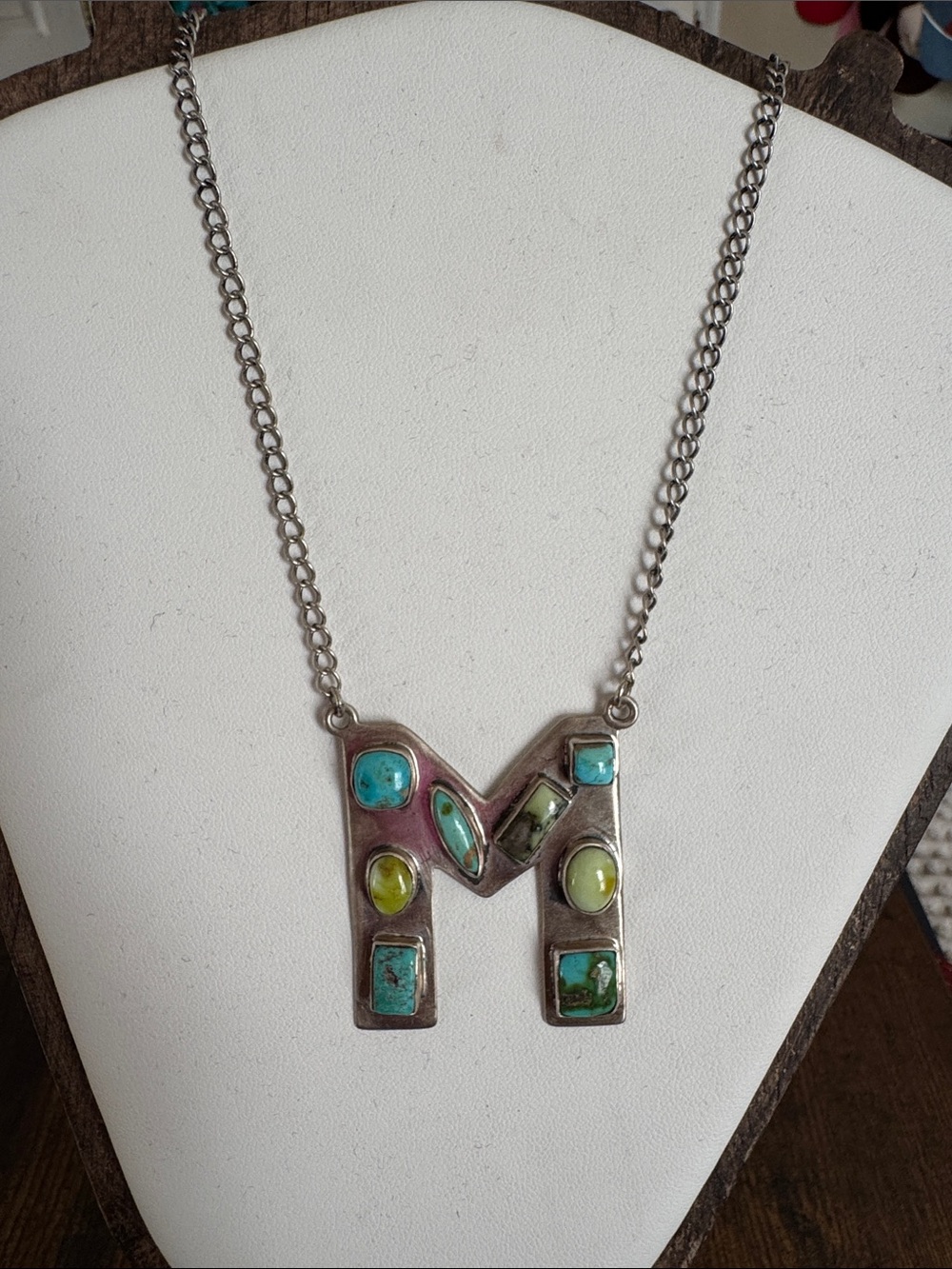 Silver Initial 'M' Necklace with Turquoise and Green Stone Inlays
